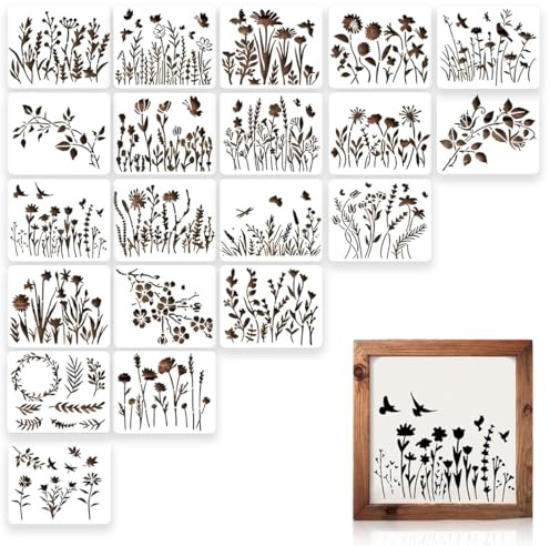 SULIUDAJI 20 Stück Wildblumen-Schablonen Blumen Malerei Schablone Airbrush-Schablonen Wiederverwendbare Kunststoffschablone für DIY-Malerei auf Holz Wänden Wand und Leinwand (15 x 12 cm)