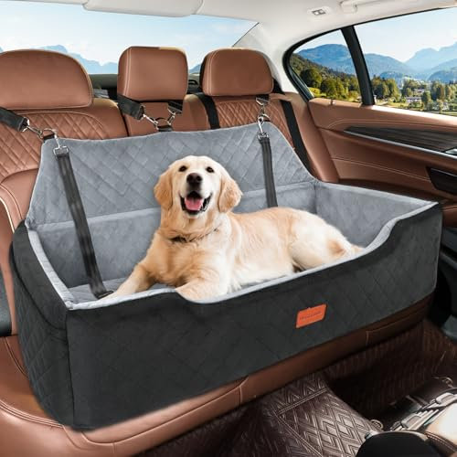 HEGGCOOE Hunde Autositz für Große Hunde unter 100 lbs, Waschbares Hundesitz Auto für 2 Mittlere, Abnehmbar Autositz Hund mit 2 Sicherheitsleinen, Hundebett Auto rückbank-Schwarz/grau