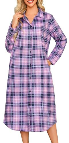 MIA LUCCE Camicia da notte da donna, a maniche lunghe, morbida, da notte, con bottoni, da donna, a maniche lunghe, in flanella, per dormire da donna, Viola a quadri, XL