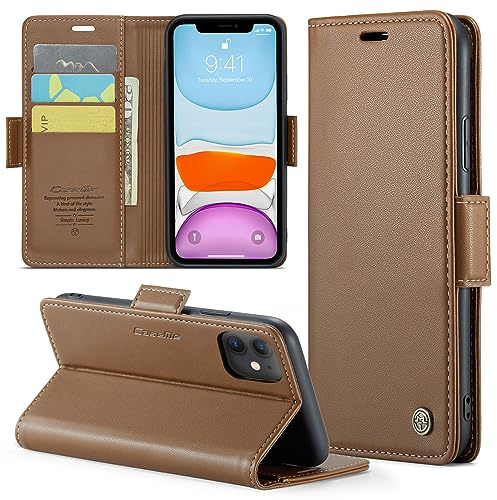 Phernykas Wallet Case for iPhone 11, Magnetic Flip | 3 Card Slots, Faux Leather RFID Blocking Card Holder Flip Wallet with Kickstand, Side Magnetic Clasp, Premium Cover,Brown
