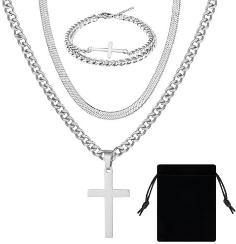 Leikedun 3 Pack Silver Cross Chain Set, Stainless Steel Cross Necklace Cross Bracelet for Men With Velvet Bag, Sturdy Cuban Snake Chain Men's Necklaces Jewelry Gifts