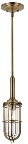 Licht-Erlebnisse Pendelleuchte Badezimmer verstellbar H: max. 152 cm Ø 14 cm IP44 in Messing Antik E27 Vintage Hängelampe Badlampe Decke