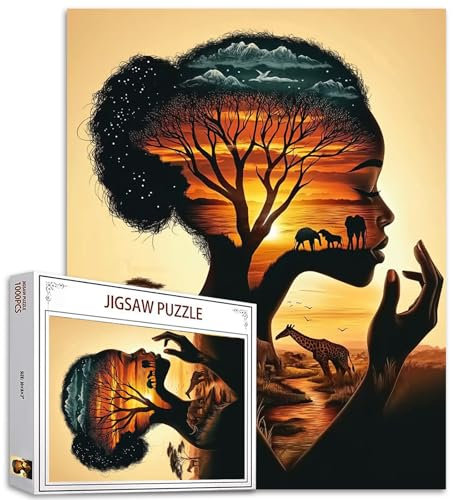 Black Girl Puzzles 1000 Teile für Erwachsene, Familien (Afrika, Frau, Elefant, Giraffe, Baum des Lebens) Teile passen perfekt zusammen, 50 x 70 cm, Landschaftsaufführung, rahmenbares magisches Puzzle
