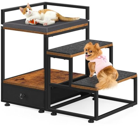 CADUKE Hundetreppe 3 Stufen, Haustiertreppe für kleine Hunde & Katzen, Katzentreppe mit Ablageschublade, Metallrahmen, mehrstufige Plattform mit Matten, 51cm hoch, ideal für Bett & Sofa, Braun