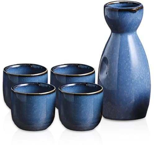 Liwein Service à Saké Japonais,5 Pièces Céramique Bouteille de Saké Traditionnelle Peint à la Main Fleurs de Cerisier Porcelaine Poterie Tasses (étoile filante)