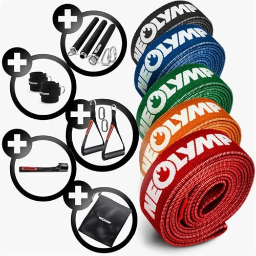 NEOLYMP 5er Fitnessbänder Set Stoff mit Bänderstange, Grifferweiterung, Fußschlaufen, Türanker und Fitness E-Book - waschbare Resistance Bands, Widerstandsbänder, Gymnastikband, Fitnessband