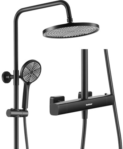 KeeGone Duschsystem mit Thermostat Edelstahl Regendusche 25cm Handbrause 3 Strahlarten Duscharmatur Komplettset Höhenverstellbar mit Anti-Verbrühungsschutz Wassersparend Einfach Installieren