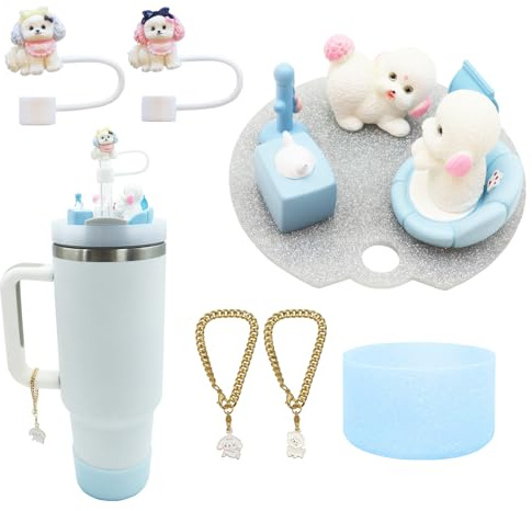 Lid Name Plate Topper for Stanley 40 oz，Including Cup Boot, Silicone Straw Topper Cover Cap, Lid Charms，Cup Chain - Cute Puppy Decoration Accessories