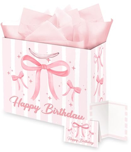 Dmnnlp Large Birthday Gift Bag for Her, Pink Bow Gift Bag with 3 Tissue Papers and 1 Card, Party Bags for Presents Girls Women Birthday Wedding Baby Shower Mother's Day, 33 x 26 x 12.4cm