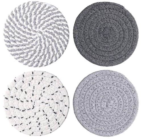 Boho Coasters for Drinks, Cute Woven Coasters 4.13in/10.5cm Minimalist Coaster Set of 4 for Coffee Cups Desk Kitchen Decor Tabletop as House Warming Gifts (Colorful Gray)