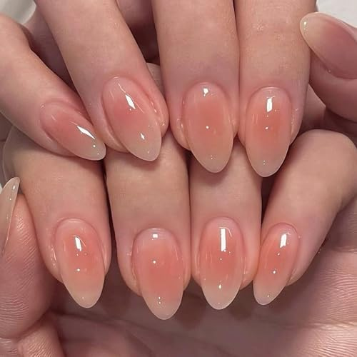 Short Almond Press-On False Nails, Translucent Blush Pink Ombre Shimmer | Glossy Finish, Graduated Fitting Shapes, Ready-Designed Manicure Look, For Everyday Home Use And Social Occasions