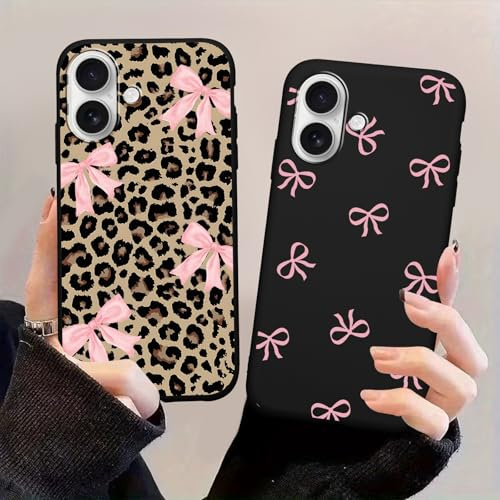 Yoedge 2 Pack Pink Bow Leopard Cheetah Phone Case for Apple iPhone 16 6.1 | Cartoon Leopard Print Aesthetic Cases Design Pattern Cases for Girls Women Boys Soft Silicone TPU Protective Cover Funda