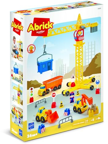 Jouets Ecoiffier - 2969 - Travaux Publics + Grue Abrick - 3 Véhicules + 2 Personnages + Panneaux - Jeu de Construction Chantier - Dès 36 Mois - Fabriqué en France