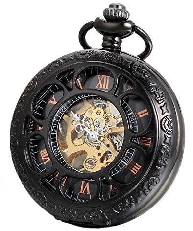 Avaner Unisex Analog Handaufzugwerk Uhr Taschenuhr Steampunk Kette mit römischen Ziffern Schwarz Avaner01P-12