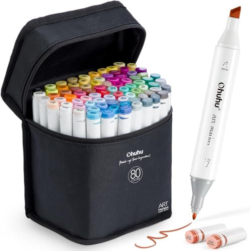 Ohuhu 80 Colours Dual Tips Permanent Marker Pens Art Markers for Highlighter Pen with Carrying Case for Drawing Sketching Adult Colouring Highlighting and Underlining