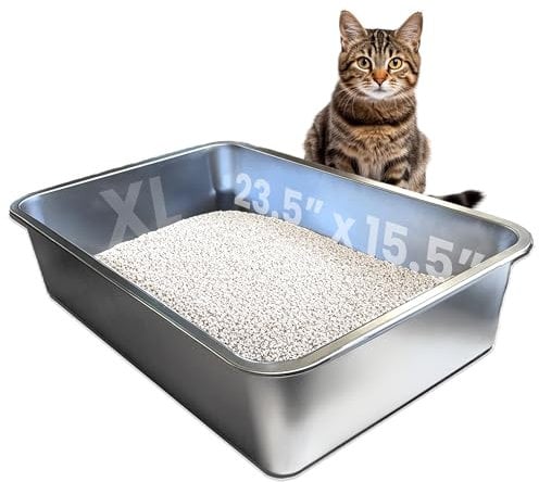 iPrimio Non-Stick Plated Stainless Steel XL Cat Litter Box - Extra Large High-Sided Litterbox for Big Cats - Never Absorbs Odor, Stains, or Rusts - Easy Cleaning Cat Litter Tray (1 Teflon-Coated Pan)