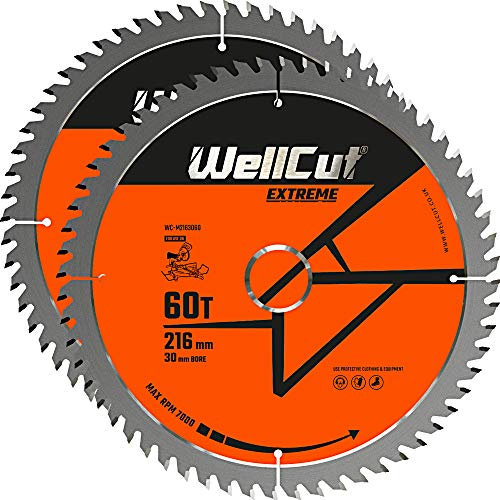 WellCut TCT Saw Blade 216mm x 60T x 30mm Bore Suitable For LS0815, DWS777, DWS774, C8FSR, KGS216 Pack of 2