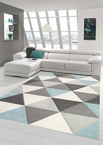 Merinos Teppich Wohnzimmer Teppich Design mit Dreieck Muster in Blau Grau Creme Größe 200 x 290 cm