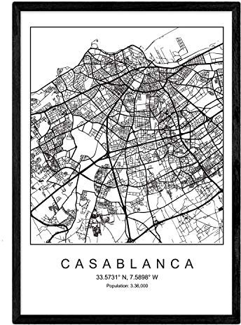 Film Casablanca Stadtplan nordischen Stil schwarz und weiß. Plakat A4 bedruckte Papier Keine 250 gr. Gemälde, Drucke und Poster für Wohnzimmer und Schlafzimmer