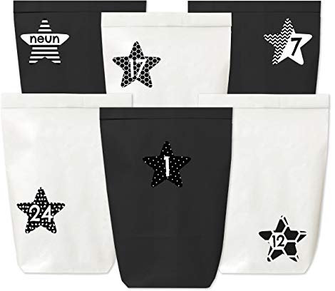 Papierdrachen Adventskalender zum Befüllen - 24 Papiertüten in schwarz und weiß sowie 24 Zahlenaufkleber (schwarz-weiße Sterne) - zum Selbermachen und Befüllen - Mini Set 40 - Weihnachten