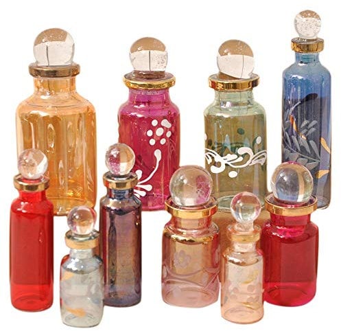 Lot de 30 petites fioles de parfum égyptiennes vides en verre pour parfum, huiles essentielles ou potion - 5 cm de haut - Couleurs assorties