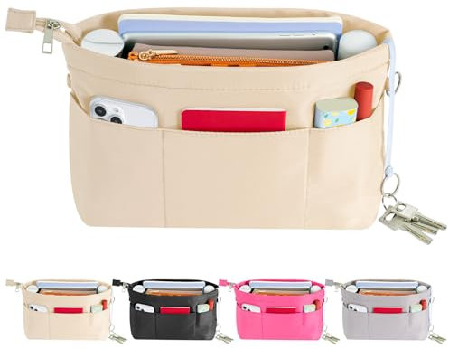 HyFanStr Handtaschen Organizer Nylon, Taschenorganizer Tasche in Tasche Organizer Innentaschen für Handtaschen mit Schlüsselkette,Beige,Extra Klein