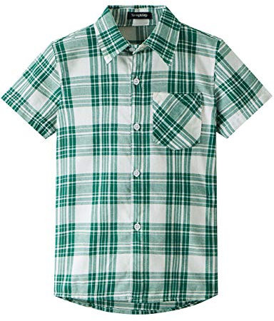 Spring&Gege Jungen Kurzarm Karo Hemd, Plaid Knopf Unten Hemd für Kinder, Grün, 164-170/13-14 Jahren