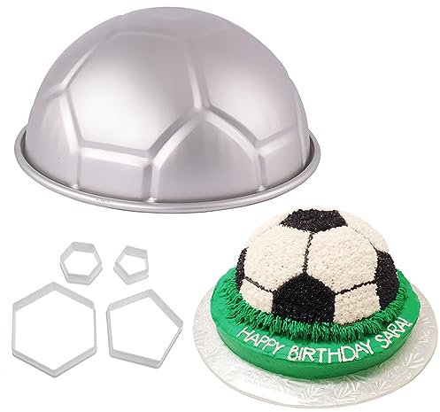 Moule à gâteau 3D en aluminium de 22,9 cm avec 4 emporte-pièces hexagonaux pentagone en forme de ballon de football, moule à gâteau d'anniversaire pour garçon, fête sportive