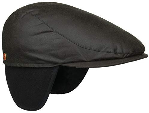 Mayser Matteo Plus Waxed Cotton Flatcap Schirmmütze Schiebermütze Baumwollcap Ohrenklappen Herren - Made in The EU mit Schirm, Futter, Lederband, Lederband Herbst-Winter - 57 cm schwarz