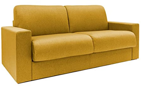 Divano Letto Ribaltone Matrimoniale Imbottito con Braccioli, Materasso 14cm, L194cm x P93cm x H67cm (Tessuto Giallo Mostarda)