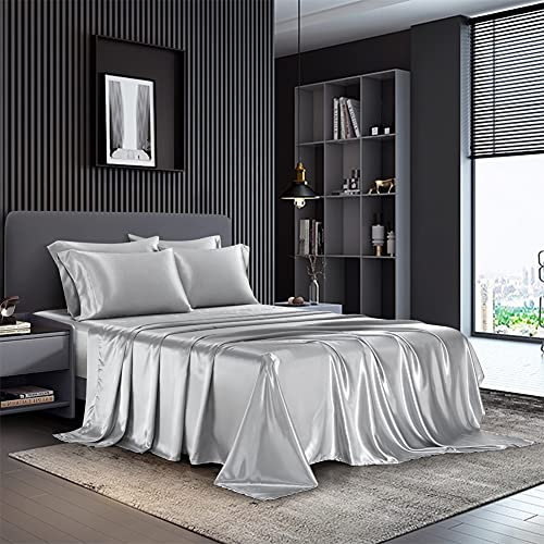 AiMay 4-teiliges Bettwäsche-Set für Doppelbett, tiefe Taschen, luxuriöser Seidensatin, seidig, superweich, einfarbig, schmutzabweisend, knitterfrei (Doppelbett, Silber/Hellgrau)