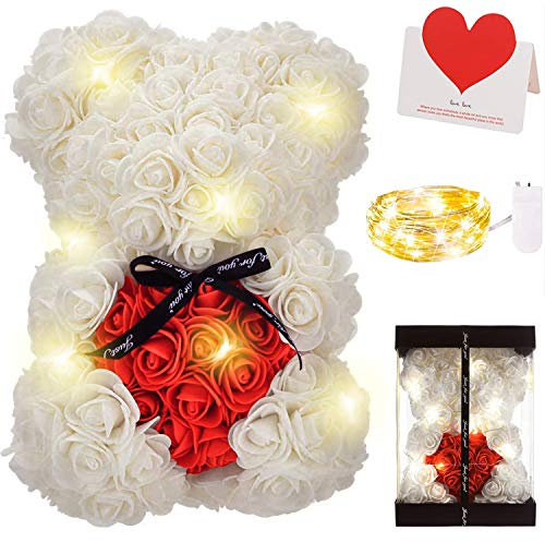 Zodight Orso di Rose, Orsacchiotto Composto da Rosa Artificiali con Luce Led, Creativo Floreale Regalo, San Valentino Comprese Scatole Trasparenti Biglietti di Auguri