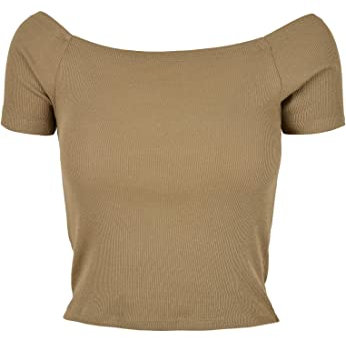 Urban Classics Women's T-Shirt Ladies Off Shoulder Rib Tee Top for Women with Short Cut and Free Shoulders in Many Colours, Sizes XS - 5XL, Khaki, XL