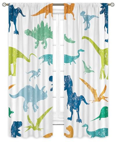 Cinbloo Kinder-Dinosaurier-Vorhänge, 73x160 cm, Stangentasche, Cartoon, Dino, Baby, Jungen, Schlafzimmer, Dekoration, niedlich, lustig, Safari-Tier, Kinder, Behandlungsstoff, 2 Paneel-Set