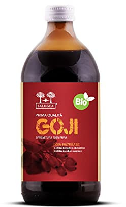 SUCCO DI GOJI BIO Salugea - 100% Puro e Naturale - Integratore energizzante e saziante, ricco di vitamine, sali minerali e aminoacidi - 500 ml - Flacone in vetro scuro farmaceutico