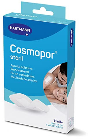 Cosmopor Steril: para el cuidado de lesiones y heridas. También para heridas quirúrgicas. Suave y con gran adherencia, adecuado para pieles sensibles; 10x6cm; 5 unidades