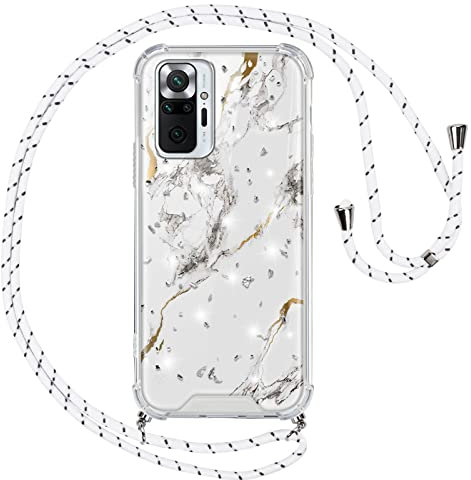 Vauki Handykette für Xiaomi Redmi Note 10 Pro 4G/Note 10 Pro Max Hülle mit Band,Silikon Durchsichtig Marmor Glitzer Motiv Transparent Bumper mit Kette Kordel Handyhülle für Redmi Note 10 Pro,Blanc