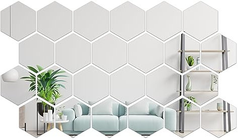 Hocadrv 24 Stück Wandaufkleber Spiegel Decal Hexagonal abnehmbar Acryl Spiegel Silber Wandaufkleber Acrylspiegel für Schlafzimmer Haus Wohnzimmer (Silber)