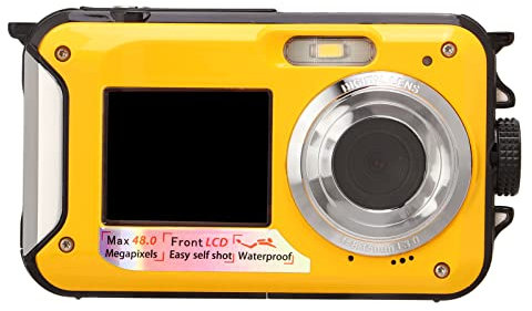 Unterwasserkamera, Full HD 2.7K 48MP 10 Fuß wasserdichte Digitalkamera, LCD-Taschenkamera mit Zwei Bildschirmen Vorne Hinten und 16-fachem Digitalzoom Zum Schnorcheln Usw (Gelb)
