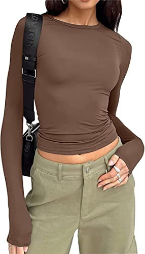 WINKEEY Essentials T-Shirt Maglietta a Manica Lunga Donna Maglia Sexy Elegante Camicia Basic Shirt Y2K Crop Top Slim Fit Girocollo Maglie, Marrone S