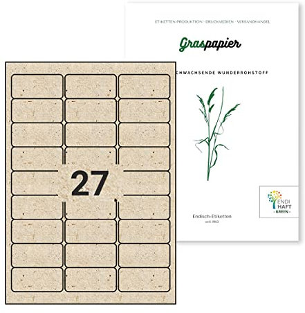 Endi-Haft rechteckige Aufkleber 63,5x38,1 mm Nachhaltige Etiketten auf A4 Bögen (10 Baltt, Grasetiketten - permanent)