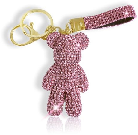 Porte-clés mignon avec strass pour femmes et filles, Ours en cristal - Rose, 5*5*3cm