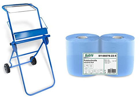 2 x blaue saugstarke Papierrolle mit Bodenständer inkl. Müllsackhalterung |1000 Blatt, 22 x 36 cm, perforiert | Fahrbarer Putzrollenhalter für Werkstatt, Industrie und Garage (22 x 36, centimeters)