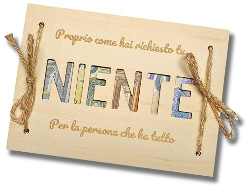 Regalo niente | Regalo scherzo, divertente | Regalo soldi, portasoldi, busta porta soldi in legno | Regalo festa papà, regalo compleanno originale | Il niente per chi ha già tutto (NIENTE)
