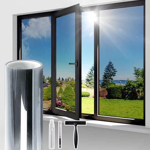 Lifetree One Way Clear Window Film Privacy: Heat Reflective Mirror Window Film for Glass Windows Daytime Anti Glare with Adhesive, UV Window Tint Film Sun Blocker for Home Office (Silver, 60 * 200cm)
