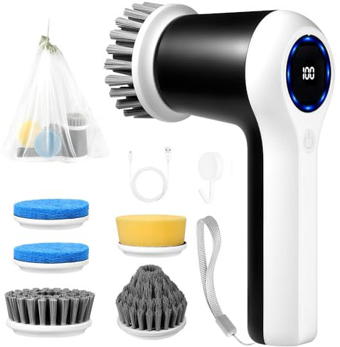 ERAVOR Cepillo de limpieza eléctrico con 5 cabezales de cepillo intercambiables, cepillo eléctrico inalámbrico para juntas, cepillo eléctrico para juntas de mano, para baño, coche y cocina (negro)