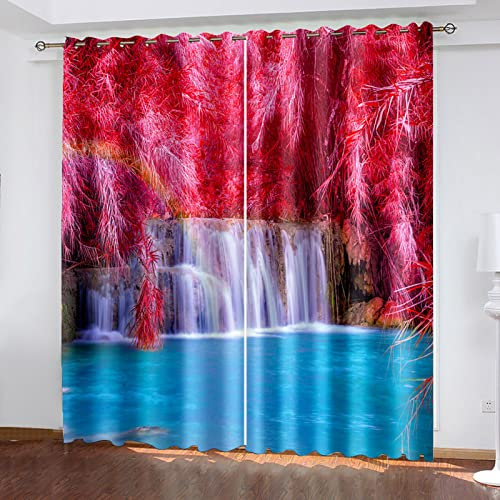 COOBAA 3D Red Grove Wasserfall Druck Muster Ösenvorhang, Gardinen Wohnzimmer Modern Hoch 160X150Cm Thermo Vorhänge Gegen Hitze, Raumteiler Vorhang Für Flur Rauschminderung Dekorativ