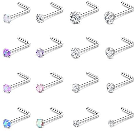 Finrezio 16-teiliges 18/20g L-Form Nasenpiercing Stecker Set, Chirurgenstahl, Silber und Diamant CZ Nasenstecker Schmuck