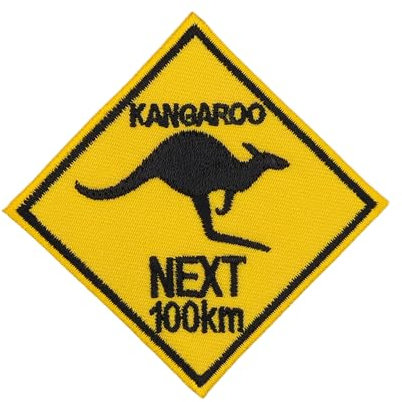 Australien Kangaroo Next 100 km Aufnäher zum aufbügeln oder aufnähen Bügelbild Aufbügler für Kleidung gestickter Bügelpatch Applikation Känguru Patch Größe 7,4 x 7,4 cm