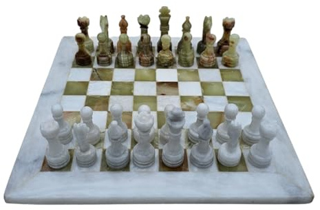 Marmor Schachspiel Schachbrett 12 Zoll/ 30 cm inkl. 32er Schachfiguren Farbe Marmor Weiß und Onyx grün Naturprodukt Handarbeit Geschenkidee